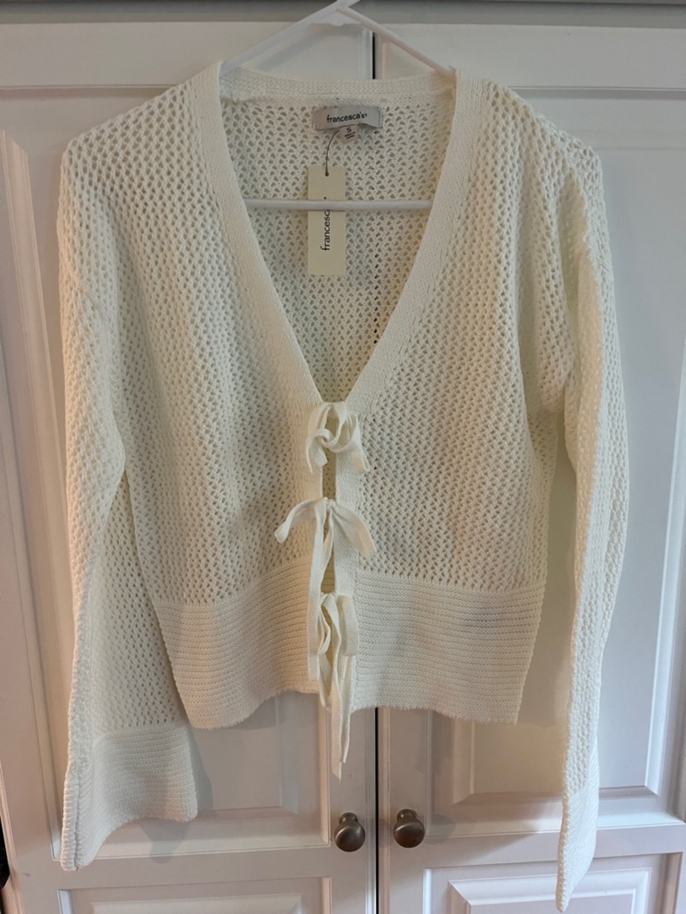 Francesca's Collections Cream Open-Weave Tie-Front Cardigan